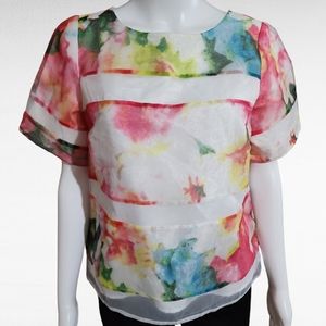 Worthington White Watercolor Floral Illusion Stripe Taffeta Blouse Size Medium